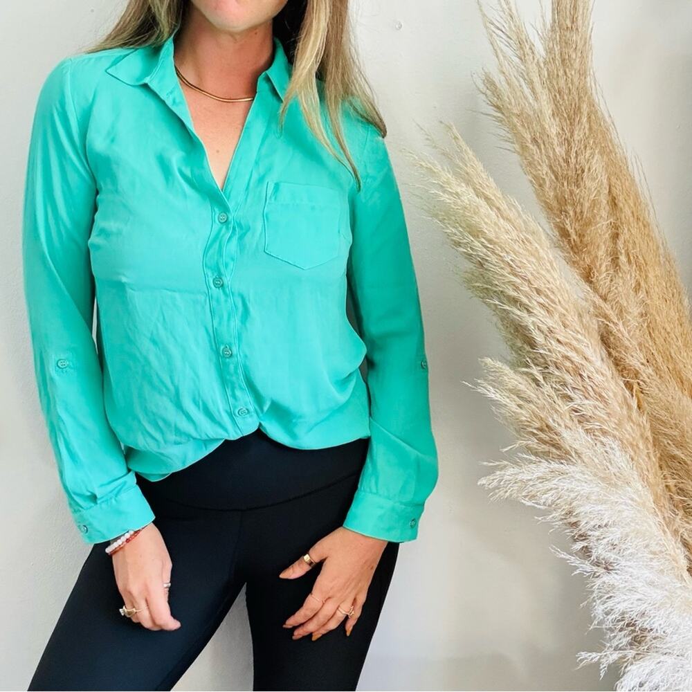 VINTAGE LIMITED Bright Green Turquoise Long Sleeve Button Blouse Shirt Top S